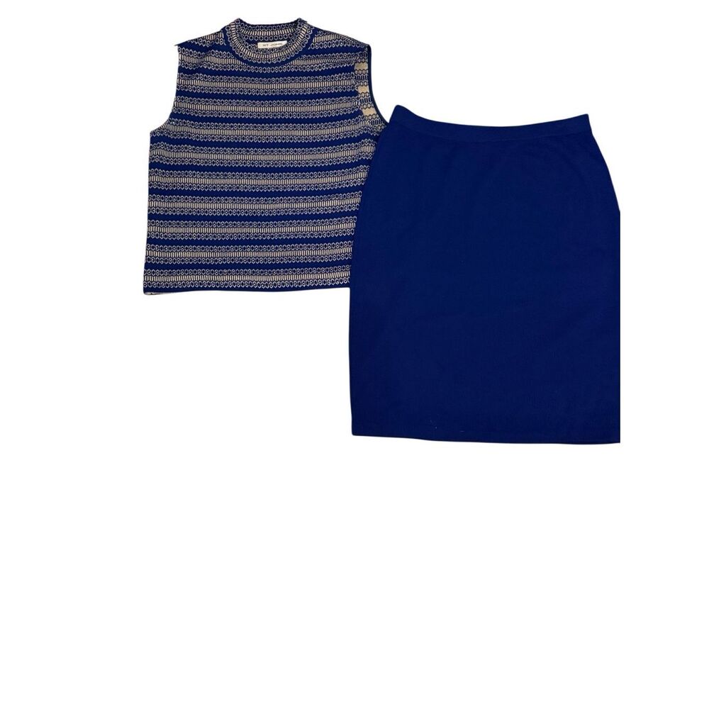 St. John Women's Sleeveless Striped Knit Sweater Skirt Set Blue M Top 12 Skirt